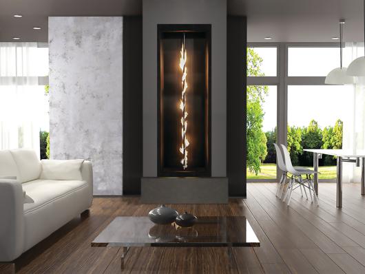 Stellar custom vertical fireplace pole with spiral wraparound flame in modern home