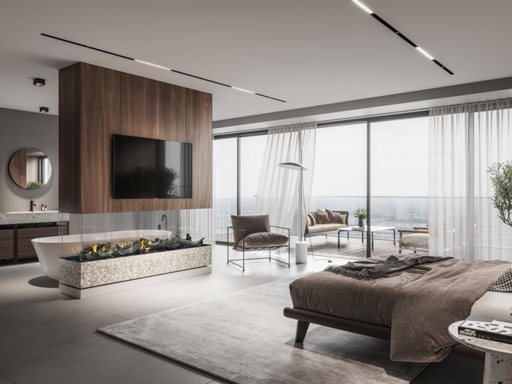 Interior of a bedroom with fireplace and tv on wall. 3D rendering of a luxurious master bedroom interior with large windows.