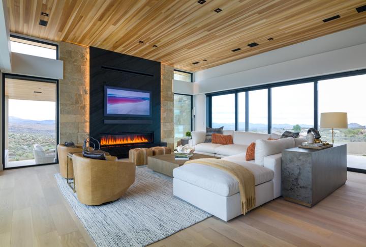 Net Zero Iconic Home featuring the Heat & Glo Mezzo Linear Gas fireplace.