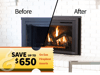 Escapt gas fireplace insert with a before and after view. Sale promotion of $650 savings.